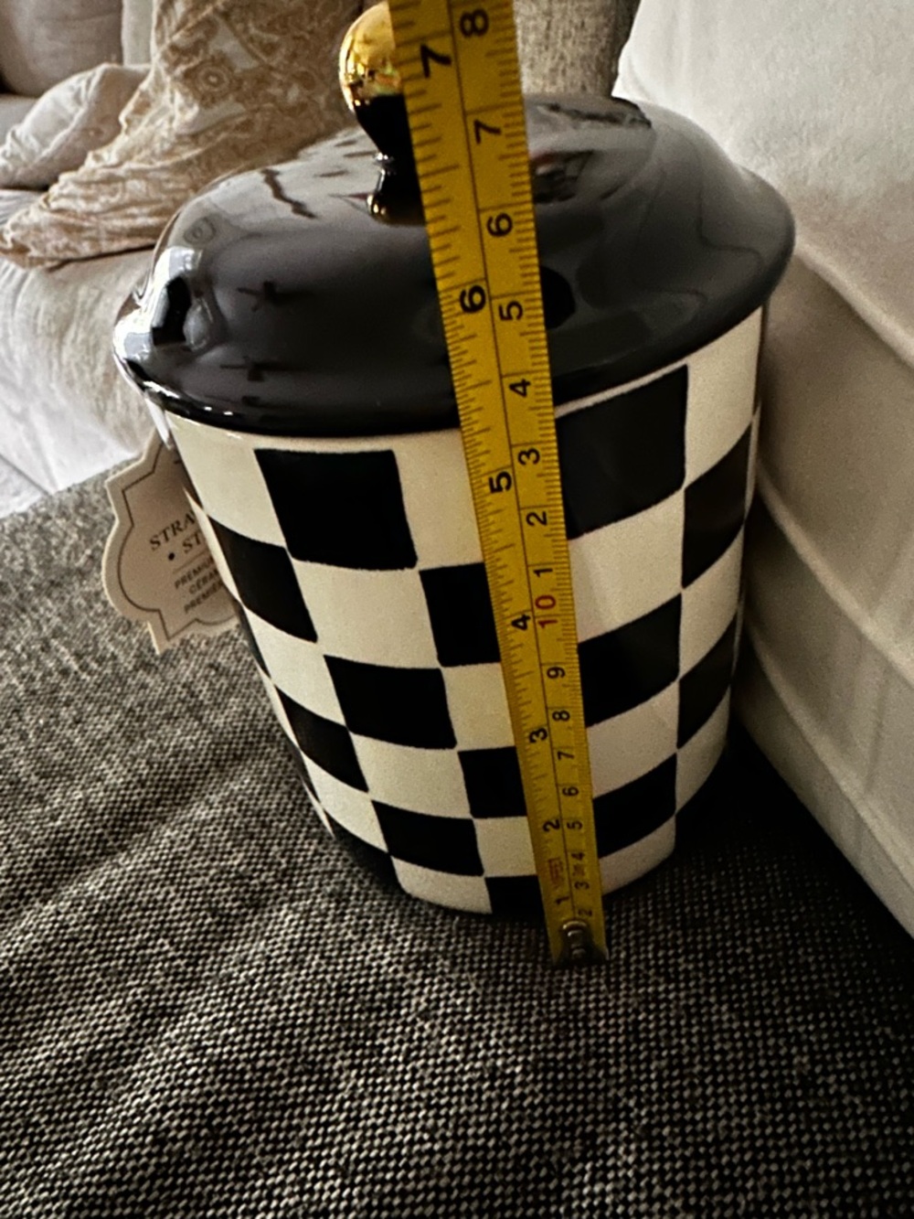 Black and White Checkered Ceramic Canister Jar Courtly Check Gold Knob New - Picture 3 of 7